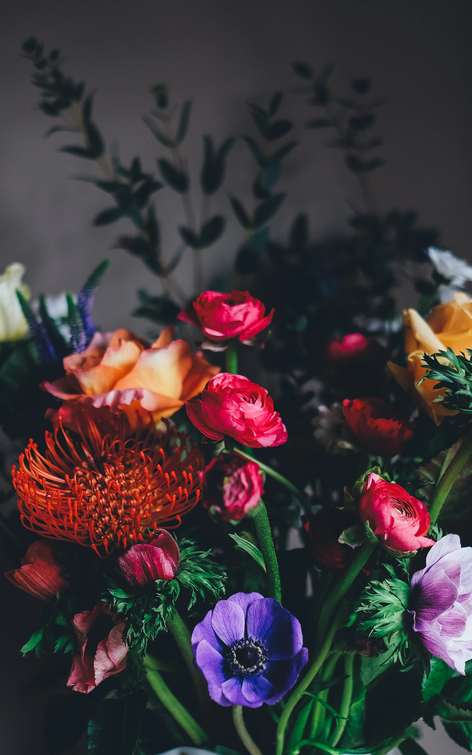 Roses et fleurs aux couleurs profondes dans une composition généreuse